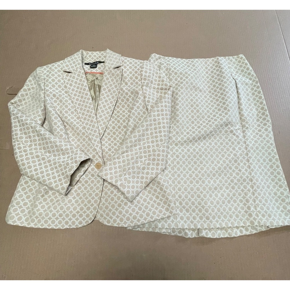 Vintage Madison Studio Suit Womens 4 Beige Cream Geo Print Skirt Suit Jacket Set